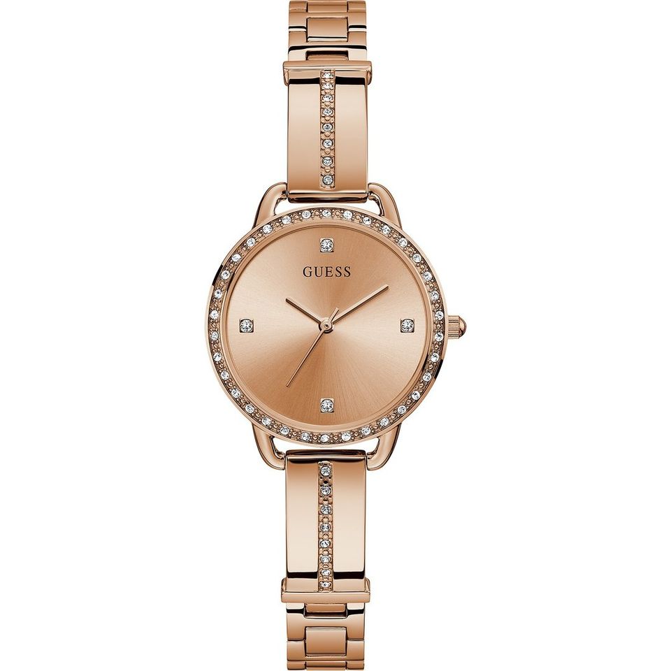 GUESS Reloj semibrazalete de acero inoxidable en tono oro rosa para mujer, 30 mm