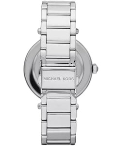 Michael Kors Reloj Lennox de tres manecillas con pulsera de acero inoxidable en tono plateado para mujer, 37 mm