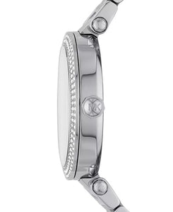 Michael Kors Reloj Lennox de tres manecillas con pulsera de acero inoxidable en tono plateado para mujer, 37 mm